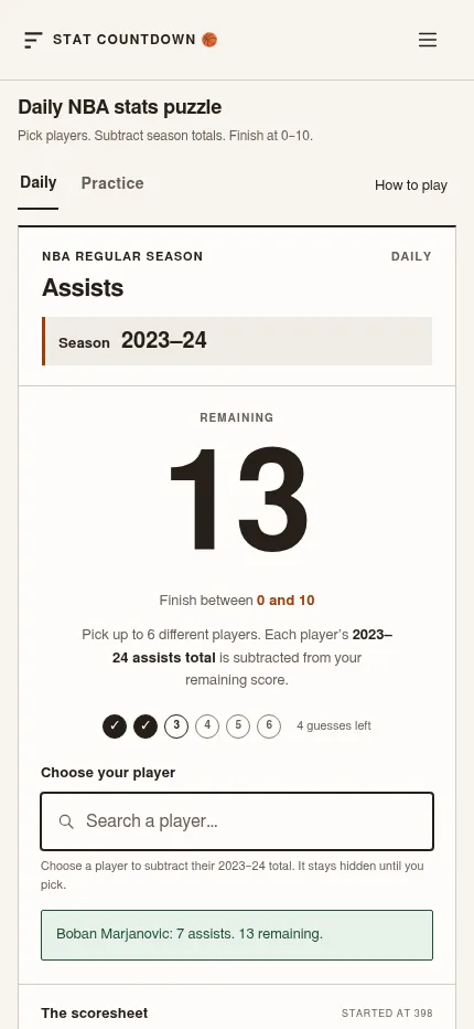 Stat Countdown on a phone: the 2023-24 assists round with 13 remaining, two guesses used and four left