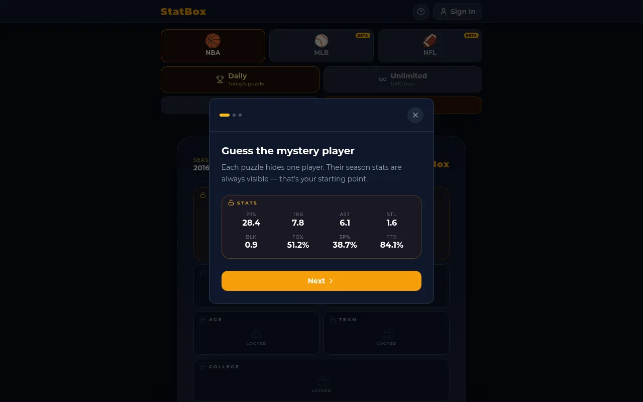StatBox NBA daily puzzle with the how-to-play card showing a hidden player's season stats: 28.4 points, 7.8 rebounds, 6.1 assists, and locked clue boxes for age, team and college