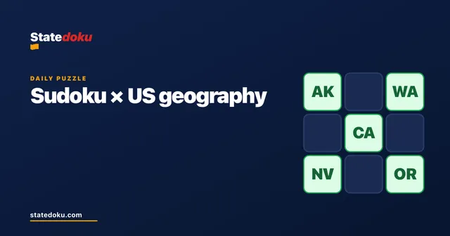Statedoku share card: a 3x3 grid with Alaska, Washington, California, Nevada and Oregon placed
