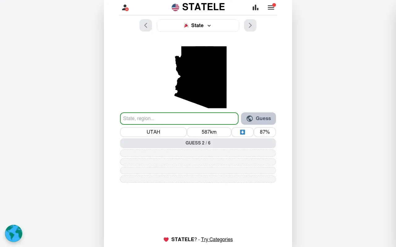 Today's Statele board: the black outline of Arizona above the guess box, with a first guess of Utah at 587 km, arrow south, 87 percent