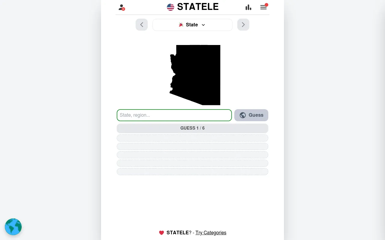 Statele at desktop size before a guess: the outline of Arizona, the State round menu, the guess box and six empty rows