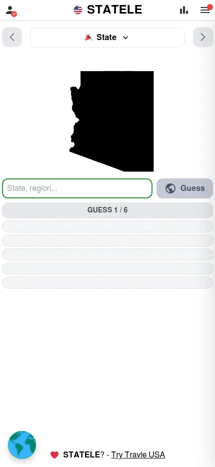Statele at phone size: the outline of Arizona with the guess box and six empty guess rows below