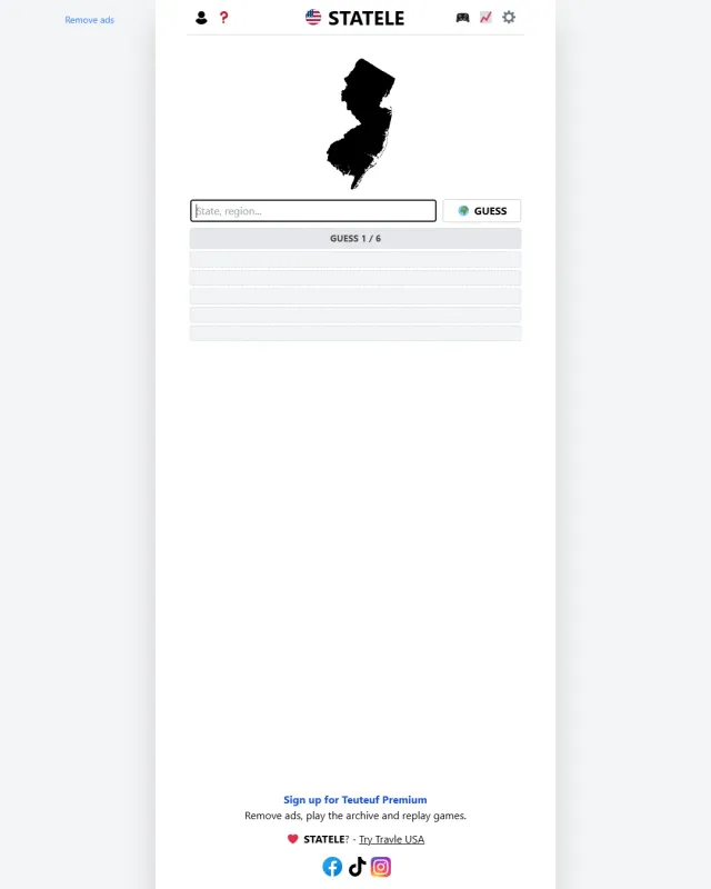 A Statele board with the black outline of New Jersey above an empty guess box, guess 1 of 6