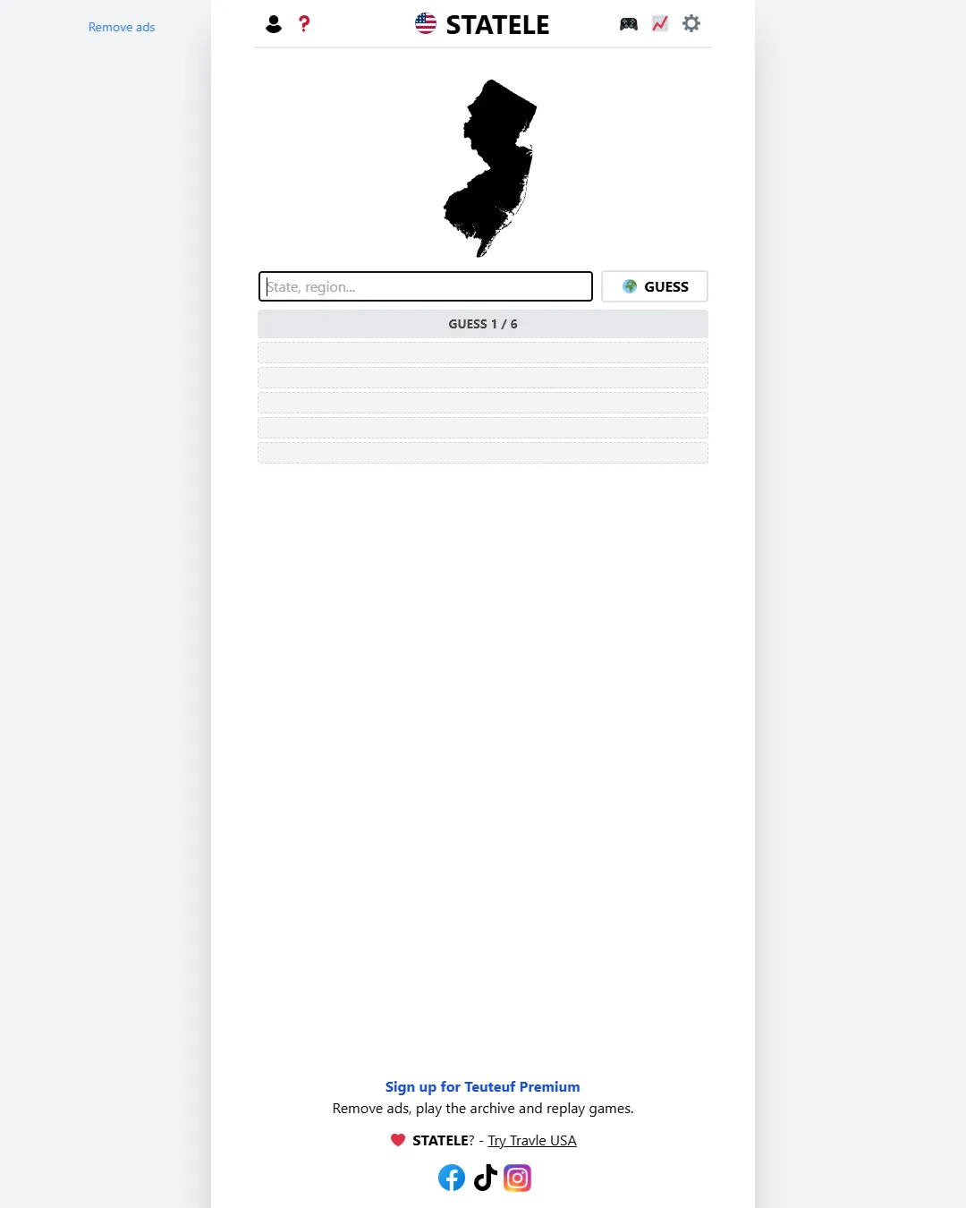 A Statele board with the black outline of New Jersey above an empty guess box, guess 1 of 6