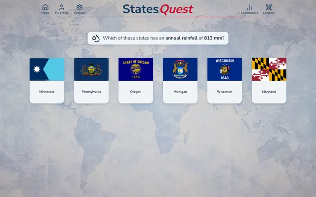 A StatesQuest TARGET round asking which state has an annual rainfall of 813 mm, with flag cards for Minnesota, Pennsylvania, Oregon, Michigan, Wisconsin and Maryland