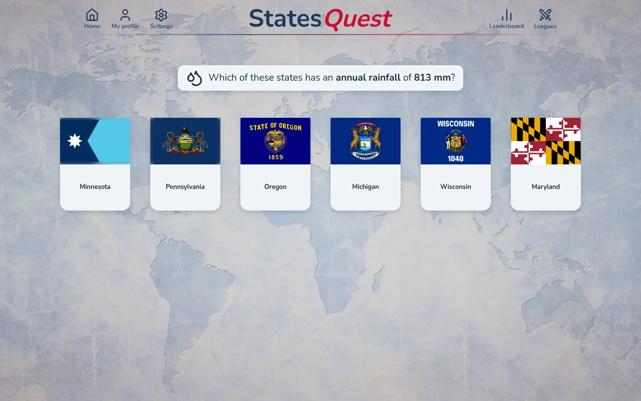 A StatesQuest TARGET round asking which state has an annual rainfall of 813 mm, with flag cards for Minnesota, Pennsylvania, Oregon, Michigan, Wisconsin and Maryland