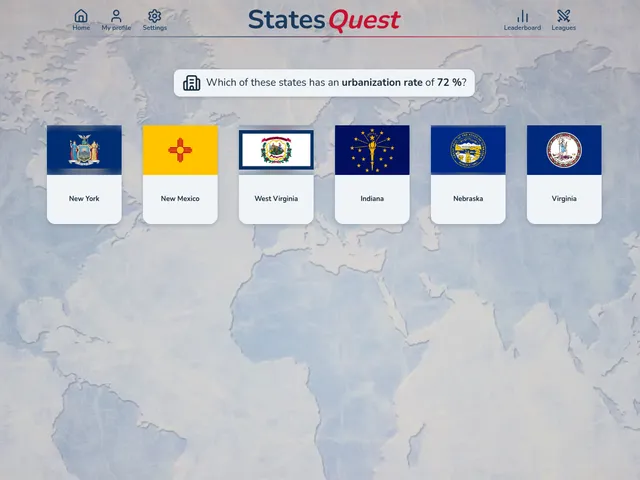 A StatesQuest TARGET round asking which state has an urbanization rate of 72 percent, with flag cards for New York, New Mexico, West Virginia, Indiana, Nebraska and Virginia