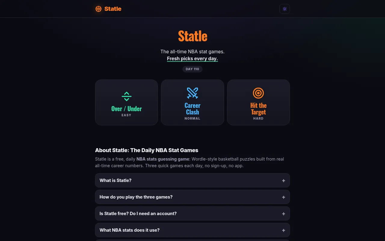 Statle's home page for day 110 with its three games: Over/Under, Career Clash and Hit the Target