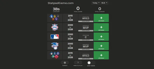 The day's MLB StatPad grid: category 3Bs, five rows of team, year-range and position or award requirements such as Infield, MVP and C, each with an add player button