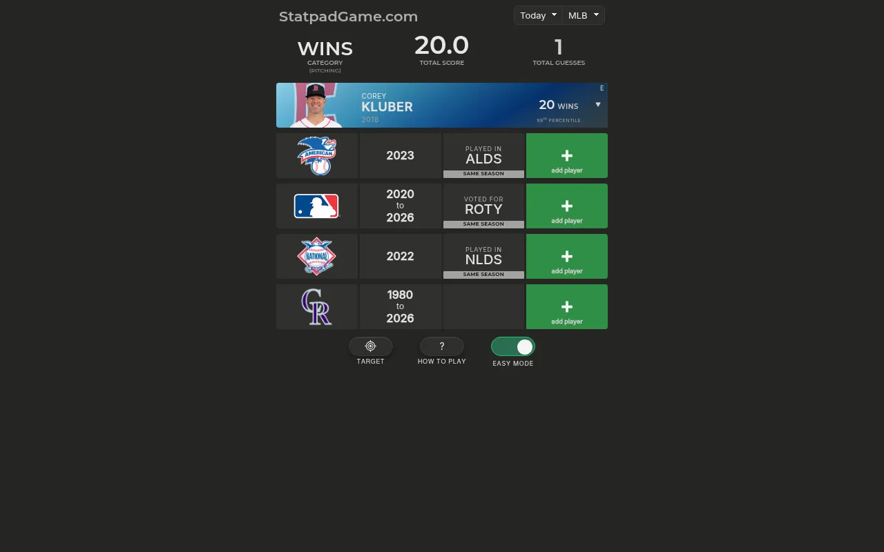 StatPad's MLB grid for 30 October 2026, category Wins, with the first row filled by Corey Kluber's 2018 season: 20 wins, 99th percentile, four rows still open