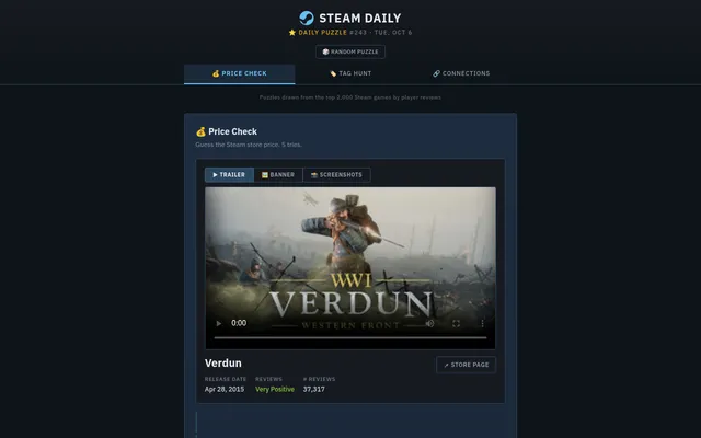 Steam Daily puzzle #243 for Tue, Oct 6 on the Price Check tab: a game's trailer, name, release date and review count above the price guesses, with Tag Hunt and Connections tabs
