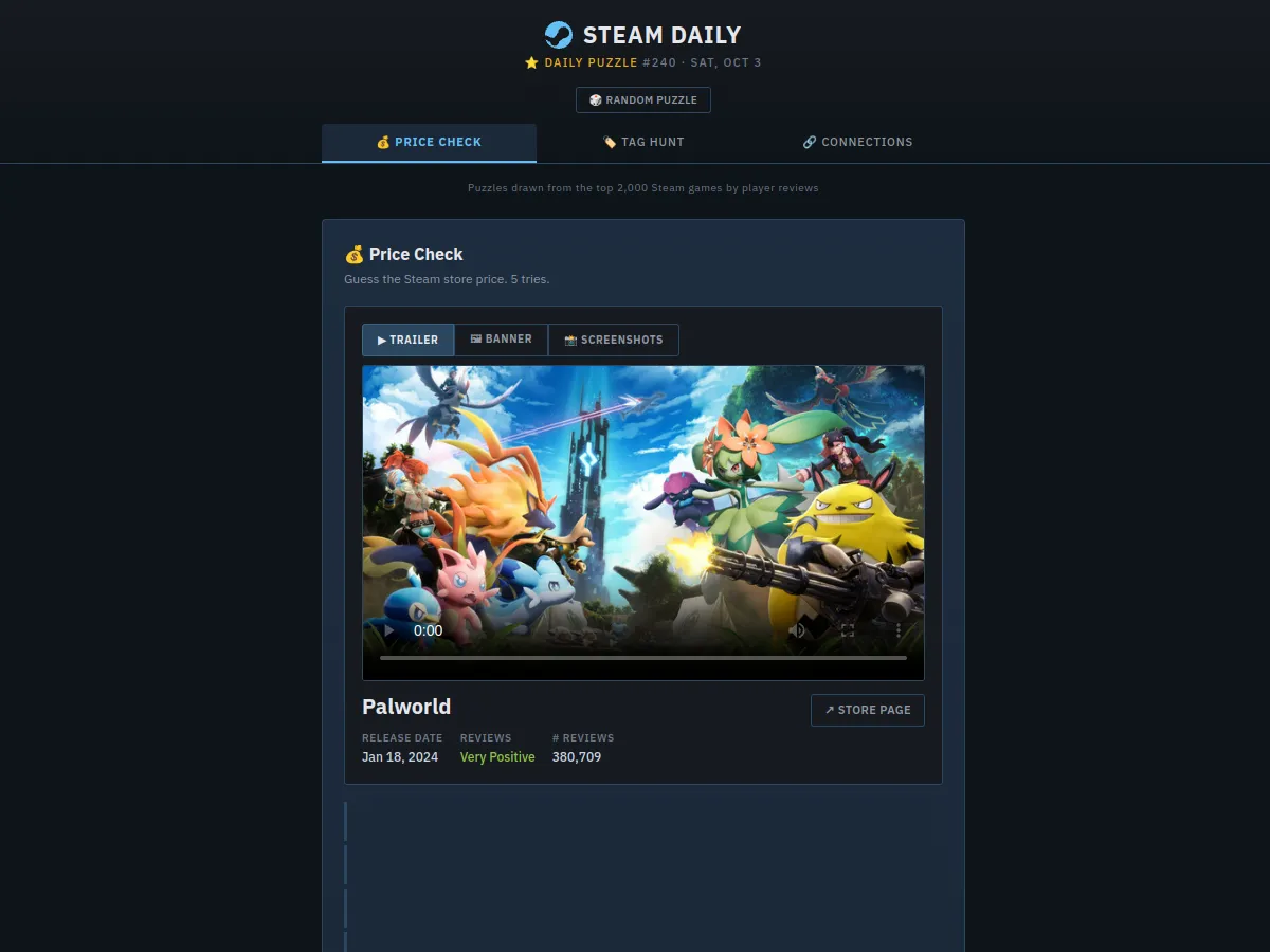 Steam Daily puzzle #240 open on the Price Check tab, with a game trailer, release date and review count above the price guesses
