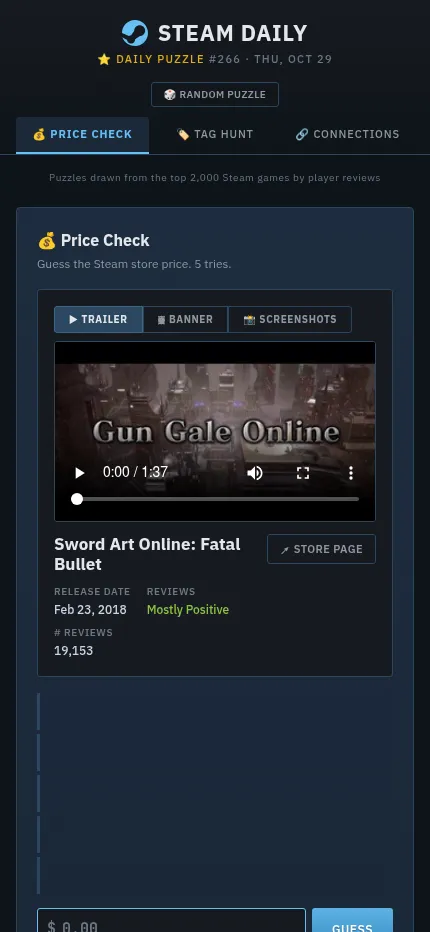 Steam Daily puzzle #266 at phone size: the Price Check tab with the game's trailer, release date, review score and the price guess box