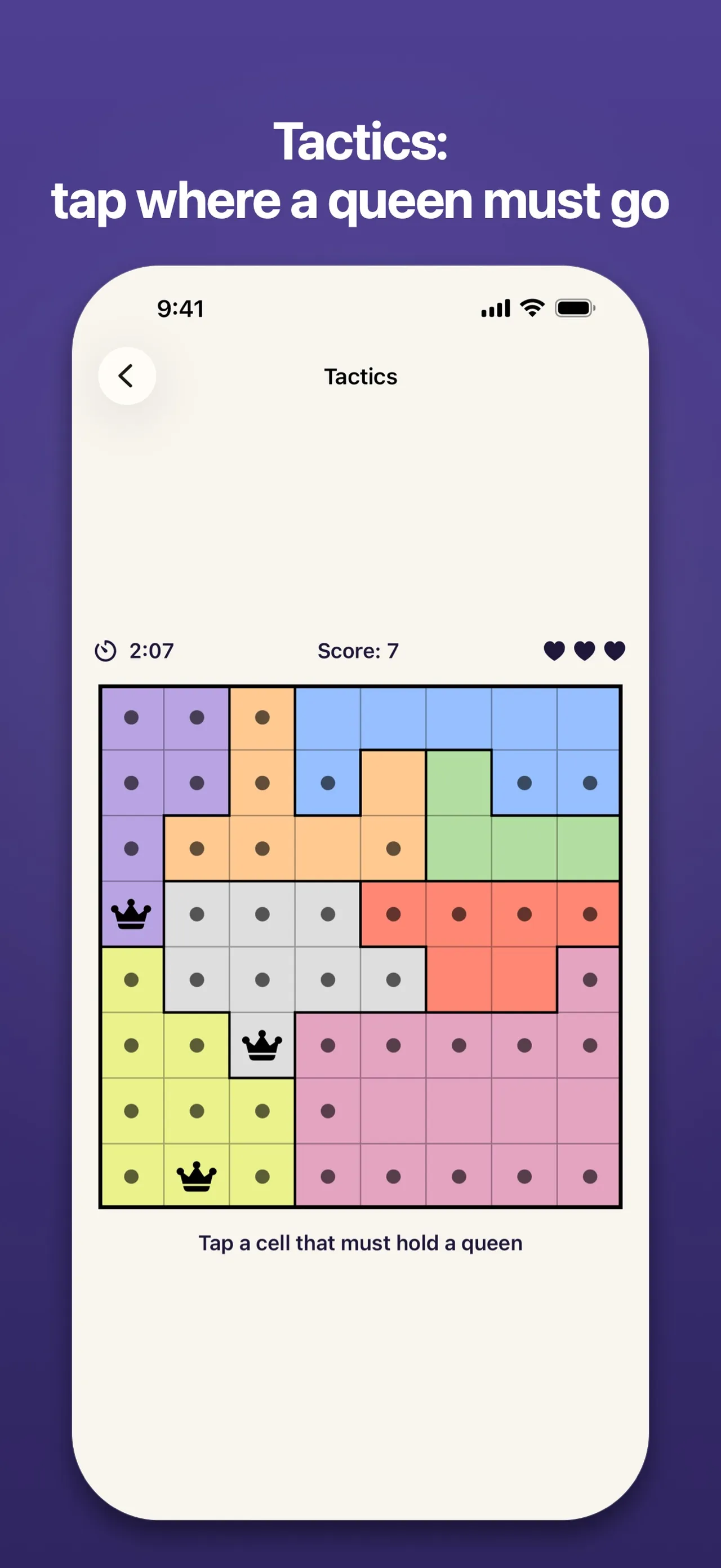 Stelline Tactics mode: a part-solved board with a timer, score and lives, asking where a queen must go