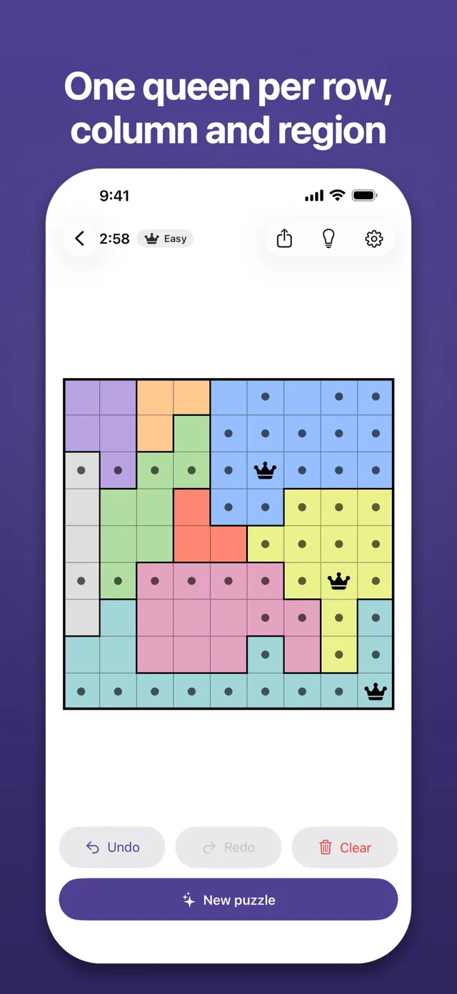 Stelline one-queen board: a coloured region grid with queens and dots, Easy difficulty, and New puzzle below