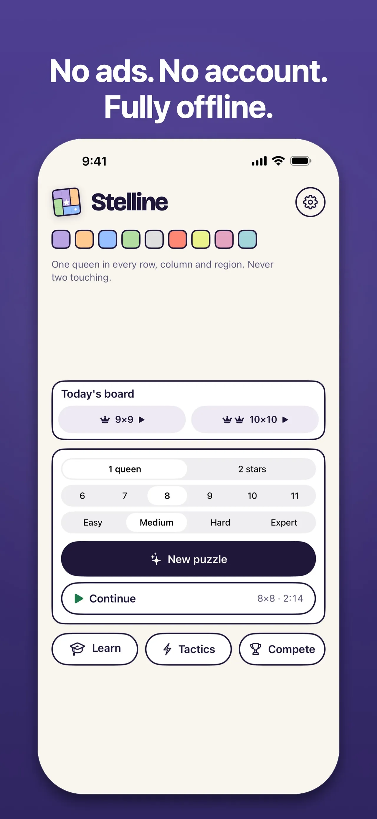 Stelline home screen with Today's board (9x9 and 10x10), mode and difficulty choices, and Learn, Tactics and Compete buttons
