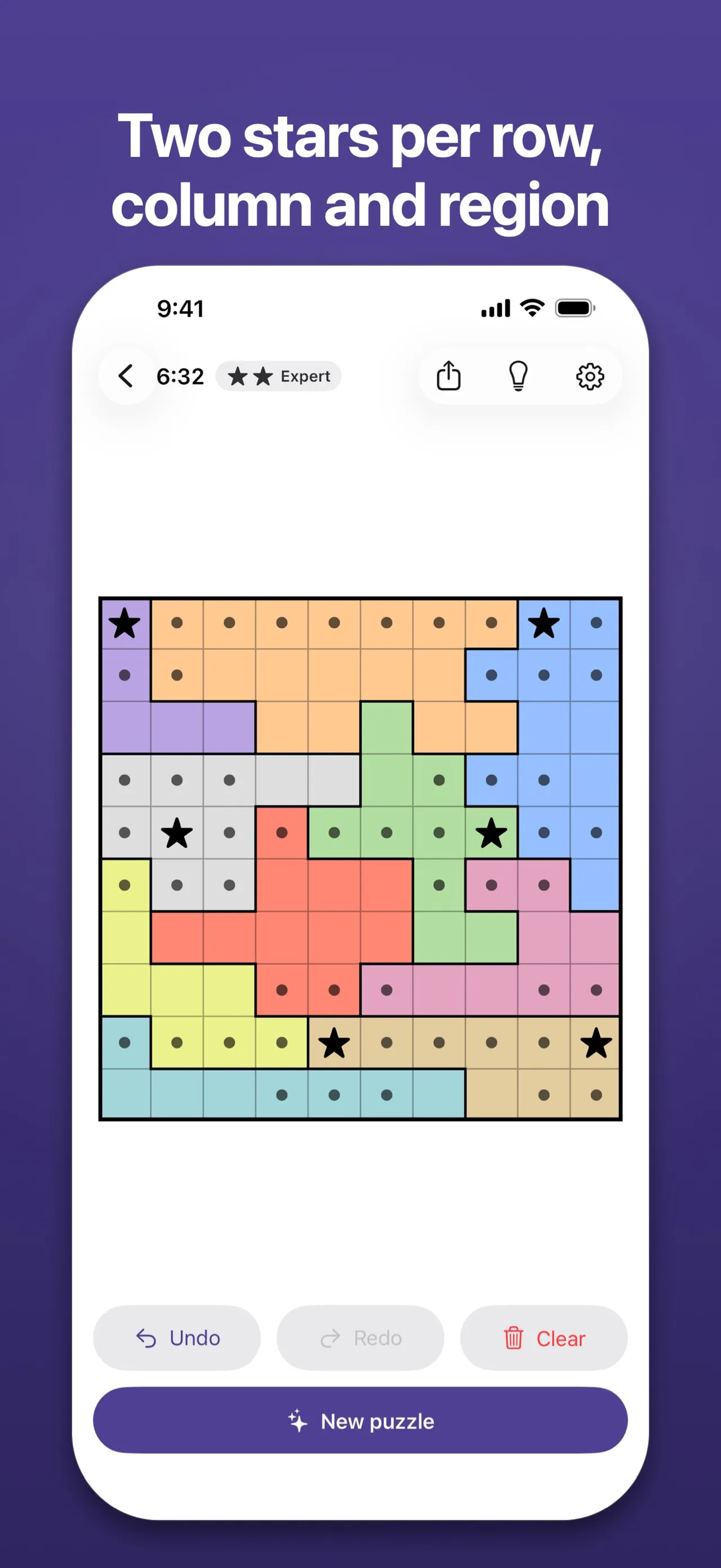 Stelline two-star board at Expert level: stars and dots on a coloured 10x10 region grid