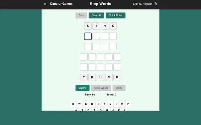 The Step Words board: start word LINK at the top, TRUCK at the bottom, four empty rows between them, Submit, Used Words and Share buttons, a timer and score