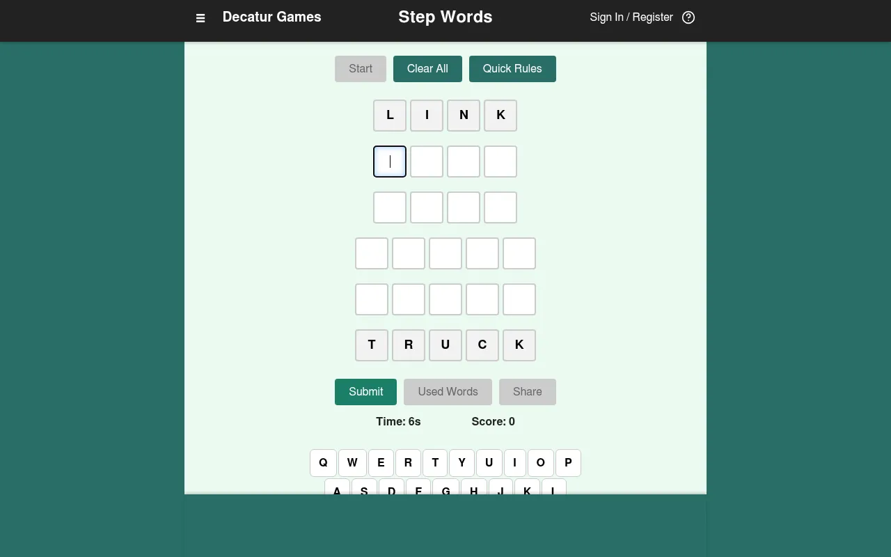 The Step Words board: start word LINK at the top, TRUCK at the bottom, four empty rows between them, Submit, Used Words and Share buttons, a timer and score