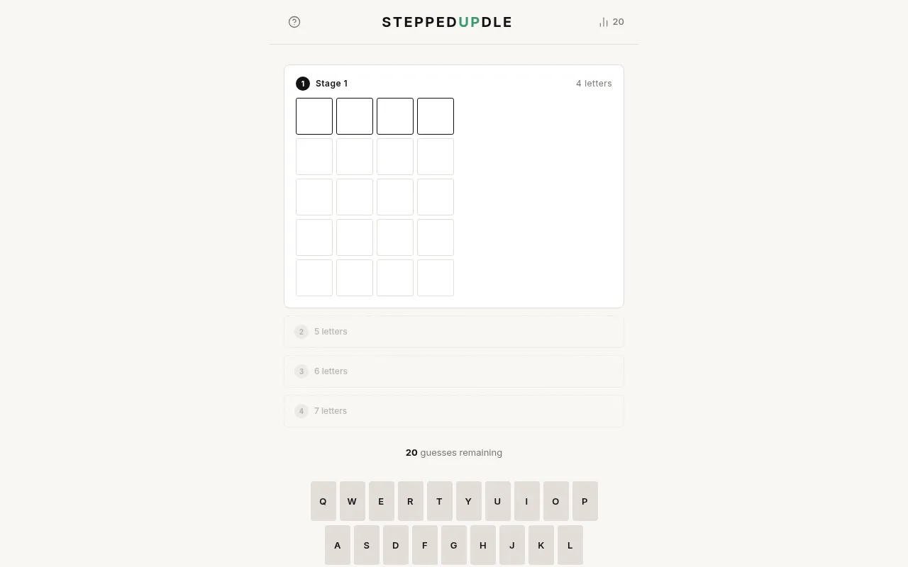 SteppedUpdle Stage 1: an empty four-letter grid with stages for 5, 6 and 7 letters below and 20 guesses remaining