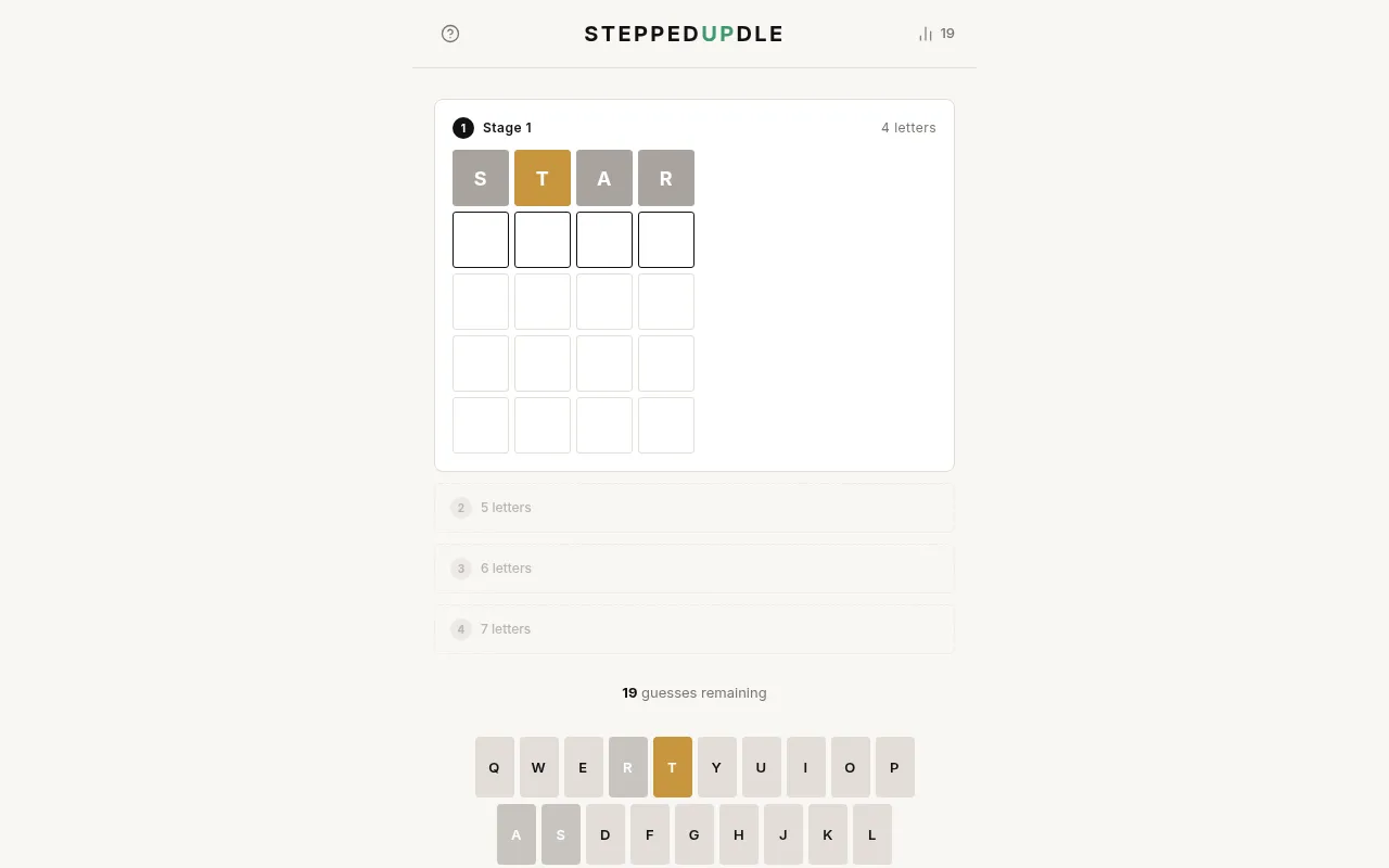 SteppedUpdle Stage 1 after a first guess, STAR, with T marked in the word but misplaced and 19 guesses remaining