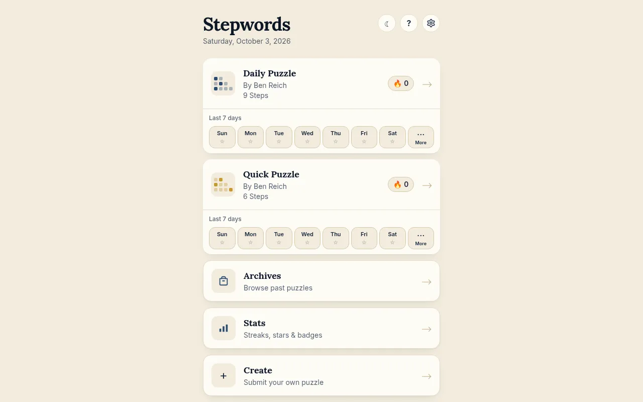 The Stepwords home screen for Saturday 3 October 2026, with the Daily Puzzle and Quick Puzzle by Ben Reich, the last seven days, archives and stats