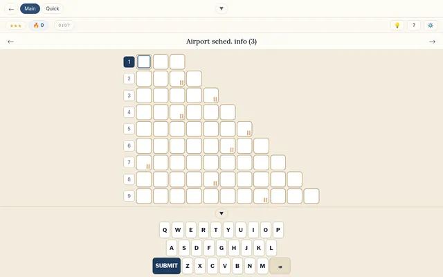 Stepwords puzzle #403: an empty nine-step ladder of letter boxes growing from three to eleven letters, with the clue for step one above it and an on-screen keyboard