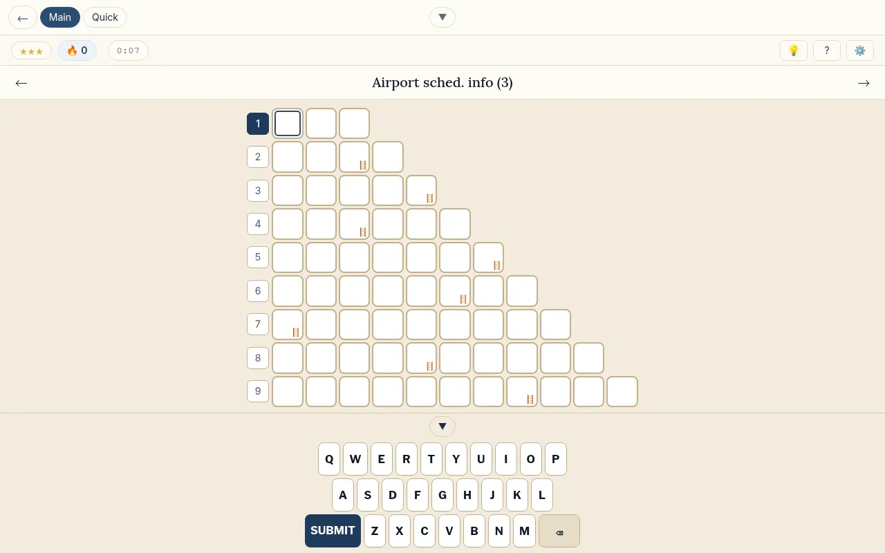 Stepwords puzzle #403: an empty nine-step ladder of letter boxes growing from three to eleven letters, with the clue for step one above it and an on-screen keyboard