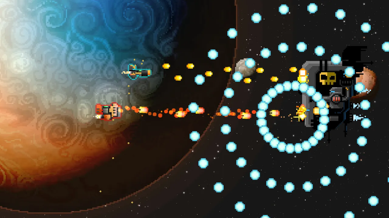 Steredenn: Binary Stars co-op: two ships fire on a skull-marked pirate boss inside rings of blue bullets