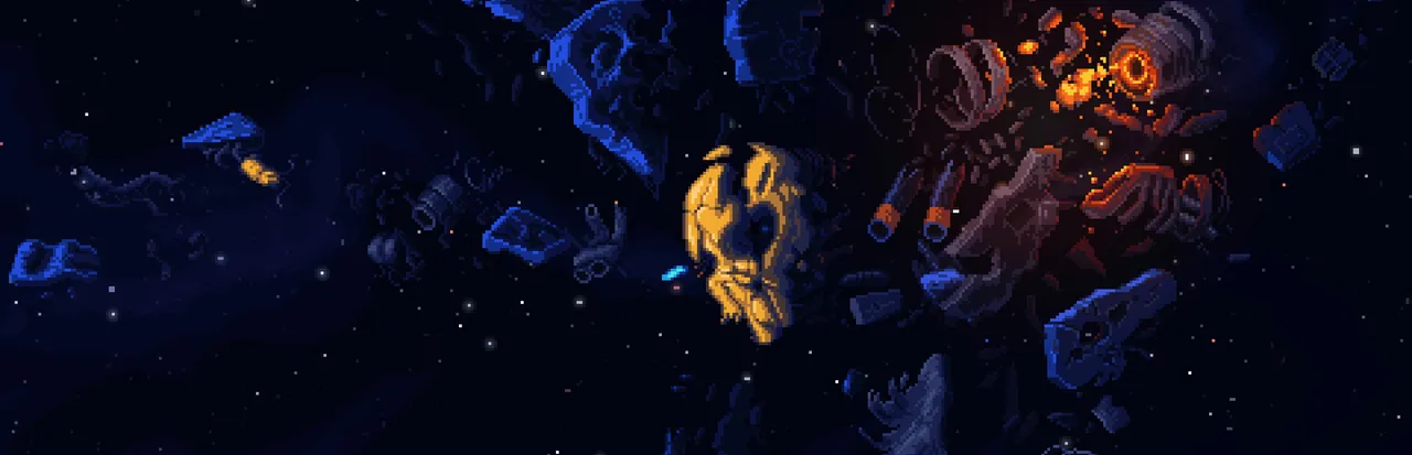 Steredenn: Binary Stars Steam library art: a golden skull ship among blue and fiery wreckage in space