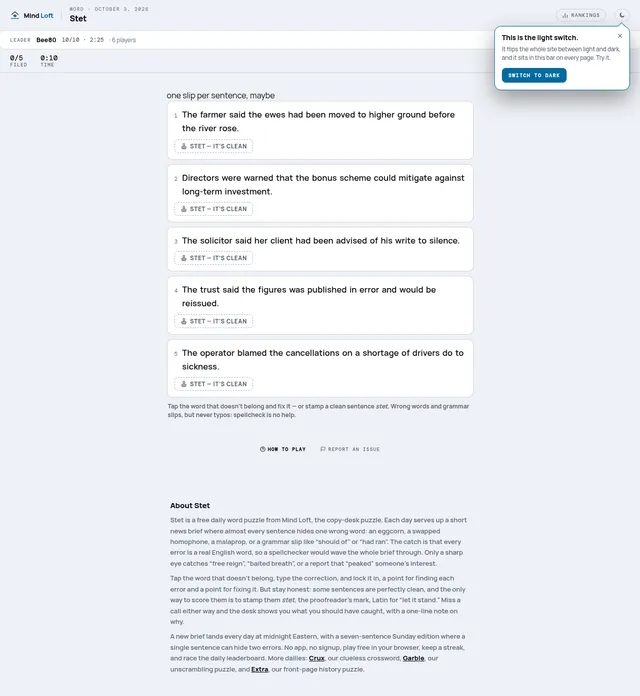 Stet on Mind Loft for October 3, 2026: five news sentences, such as one about a solicitor's client advised of his write to silence, each with a Stet, it's clean button