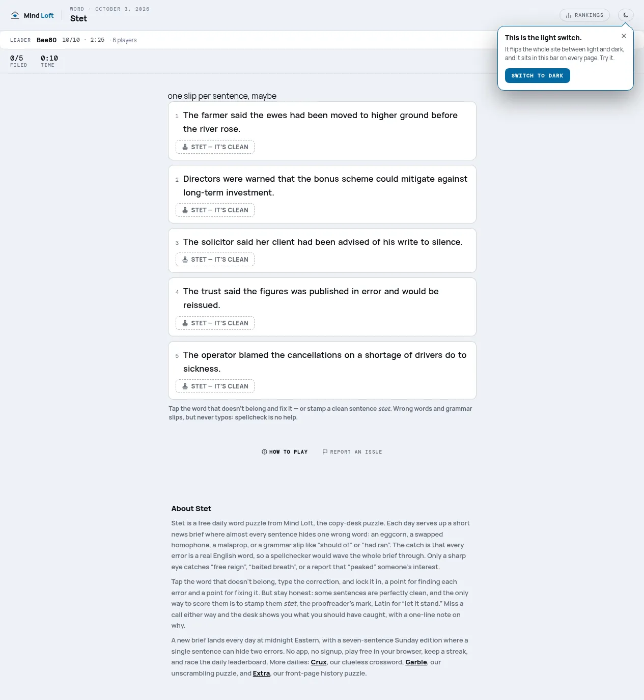 Stet on Mind Loft for October 3, 2026: five news sentences, such as one about a solicitor's client advised of his write to silence, each with a Stet, it's clean button