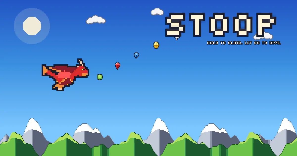 STOOP cover art: a red pixel dragon flying toward a trail of gems over snowy green mountains, with the line Hold to climb. Let go to dive.