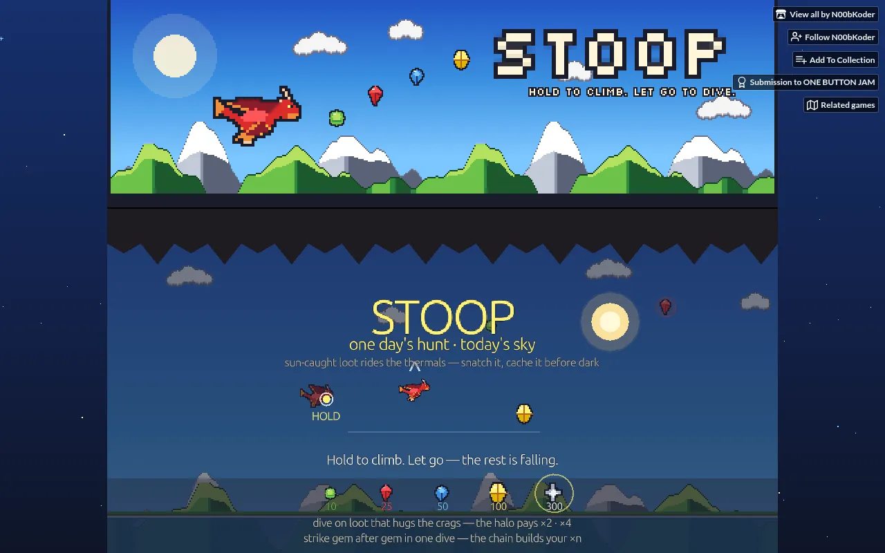 STOOP's title screen in the game frame on itch.io, reading one day's hunt, today's sky, with the gem values 10, 25, 50, 100 and 300 along the bottom