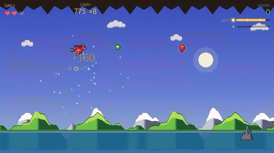 STOOP on Day 1: a red pixel dragon diving through a gem for +160 over green mountains and the sea, with the carry 775 x8, three hearts and the light meter