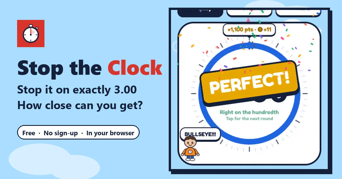 Stop the Clock's own art: its red stopwatch icon, Stop it on exactly 3.00, and a clock showing PERFECT with Captain Tick saying BULLSEYE