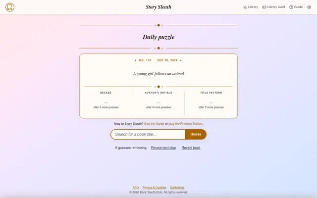 Story Sleuth daily puzzle No. 136: the clue 'A young girl follows an animal', hidden decade, author's initials and title pattern, and a book search box