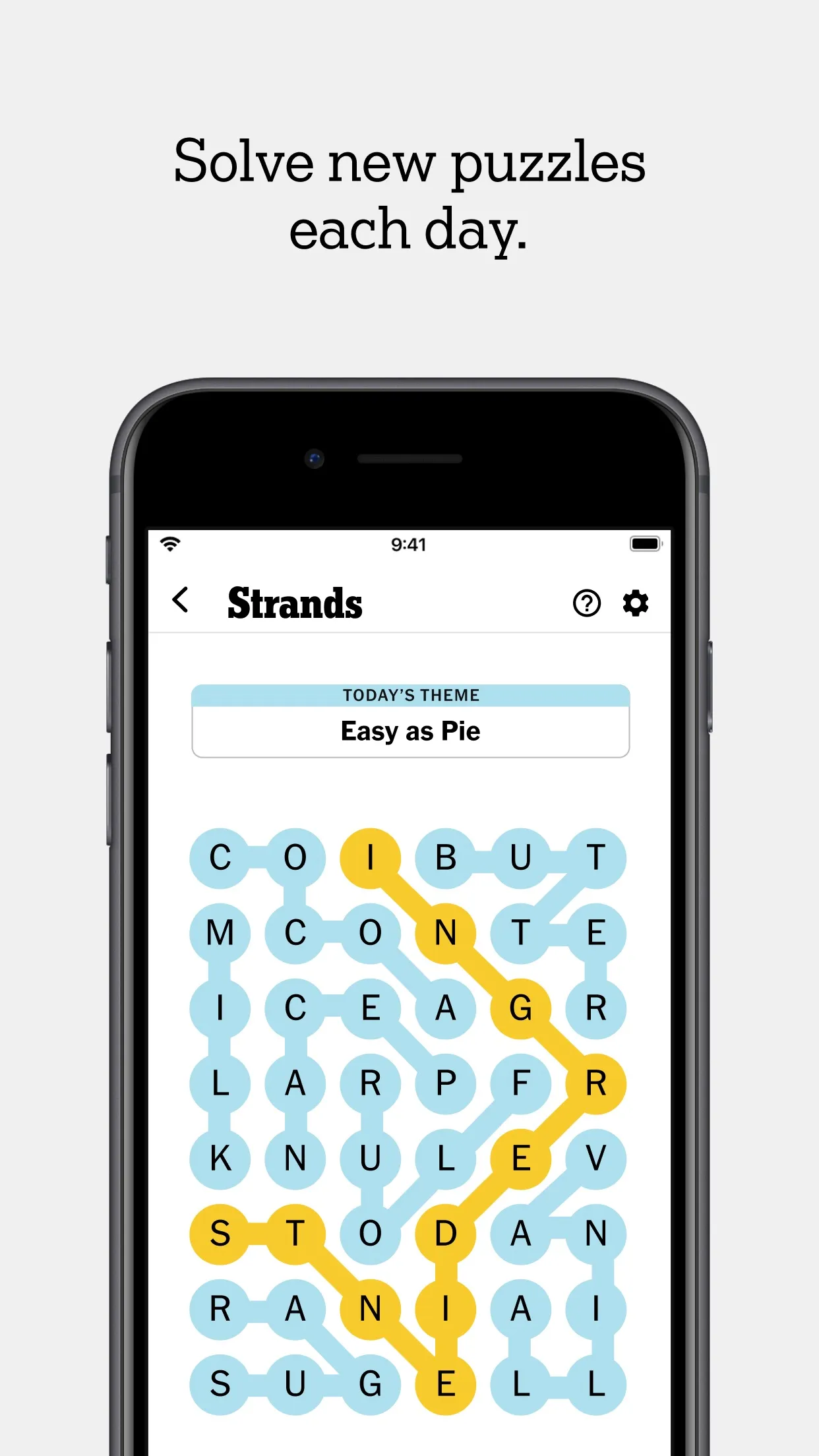 App Store screenshot of Strands in the NYT Games phone app: the theme Easy as Pie over a solved letter grid with blue theme words and a yellow spangram