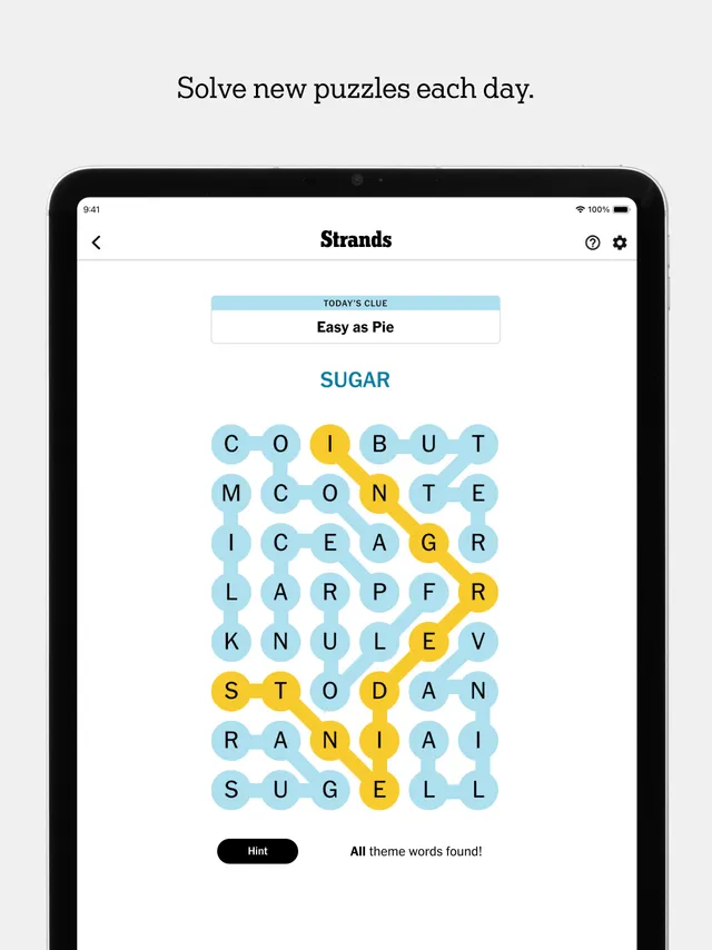 App Store screenshot of a Strands board on a tablet: the clue Easy as Pie above a six by eight letter grid with theme words in blue and the spangram in yellow, and a Hint button below