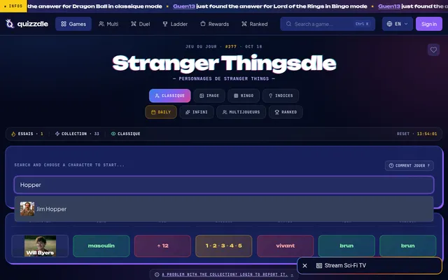 Stranger Thingsdle daily board #277 of Oct 18 with a first guess, Will Byers, his sex, eyes and hair green, seasons orange and age and status red, and Jim Hopper typed as the next guess