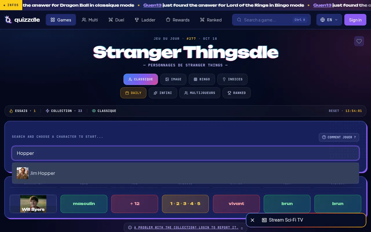 Stranger Thingsdle daily board #277 of Oct 18 with a first guess, Will Byers, his sex, eyes and hair green, seasons orange and age and status red, and Jim Hopper typed as the next guess