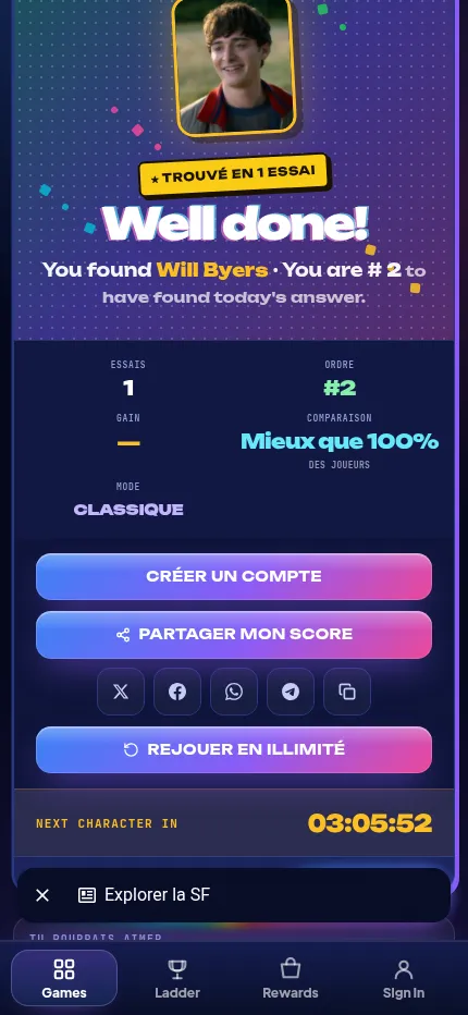 Stranger Thingsdle at phone size after solving daily #285 of Oct 25 in one guess: the Well done card for Will Byers with tries, order, share buttons and the countdown to the next character