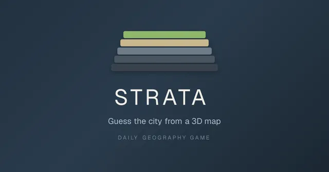 Strata's own share card: five stacked map layers above the name STRATA and 'Guess the city from a 3D map, daily geography game'