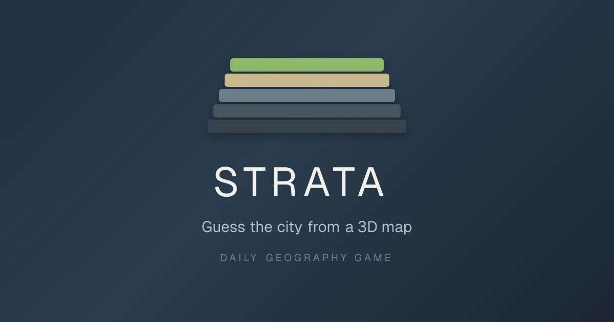 Strata's own share card: five stacked map layers above the name STRATA and 'Guess the city from a 3D map, daily geography game'