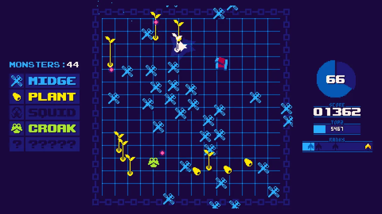 Stray Shot screenshot of a twin-stick arena full of monsters