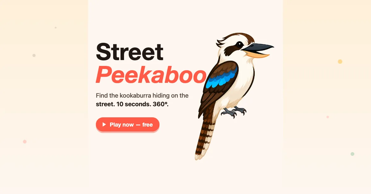 Street Peekaboo title card with the cartoon kookaburra you search for and the line find the kookaburra hiding on the street, 10 seconds, 360 degrees