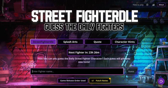 StreetFighterdle home screen with mode buttons for StreetFighterdle, Splash Arts, Quote and Character Hints, a next fighter countdown and a guess box