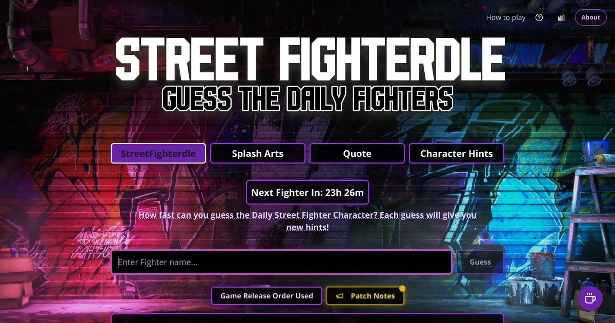 StreetFighterdle home screen with mode buttons for StreetFighterdle, Splash Arts, Quote and Character Hints, a next fighter countdown and a guess box