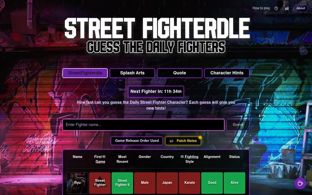 Today's StreetFighterdle board on a desktop: the mode buttons, the Next Fighter In countdown, the name box and a first guess, Ryu, with his row of green and red clue tiles