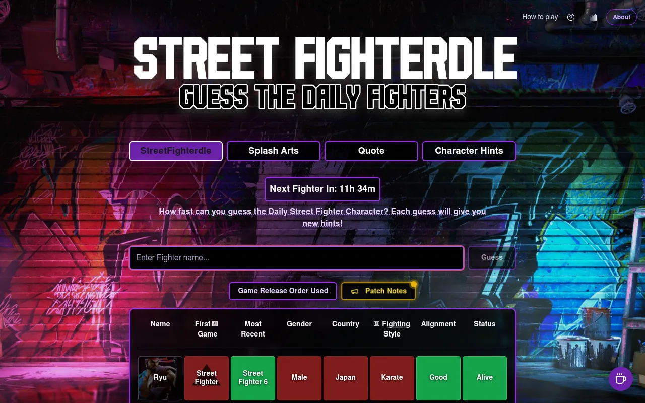 Today's StreetFighterdle board on a desktop: the mode buttons, the Next Fighter In countdown, the name box and a first guess, Ryu, with his row of green and red clue tiles